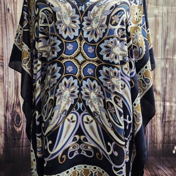 Michael Kors 100% SILK Women SZ L/XL Kaftan Top Blouse Blue Colorful Flowy Bold - Picture 8 of 12